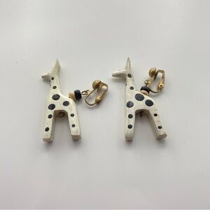 Vintage Wooden White Black Polka Dot Giraffe Earrings Clip ons